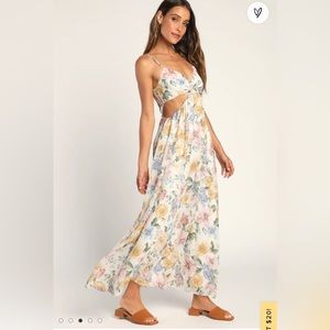 Lulus romance blooms ivory floral print cutout maxi dress